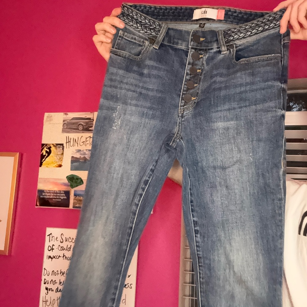 Stylish Blue Jeans with Unique Waistband and Straight Leg by Cabi